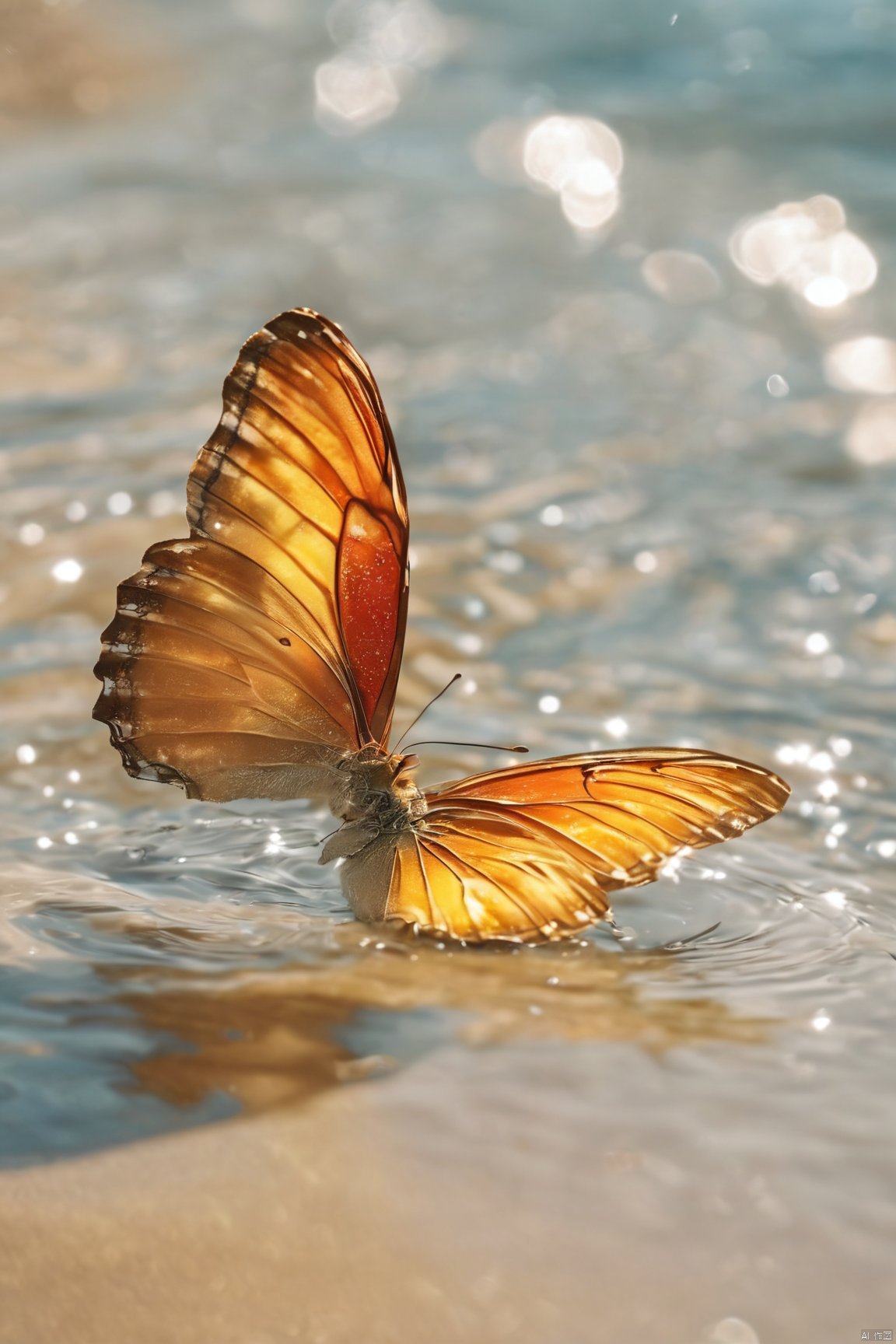  fantasy_butterfly,big coloful butterfly,water,water ripples,beach,