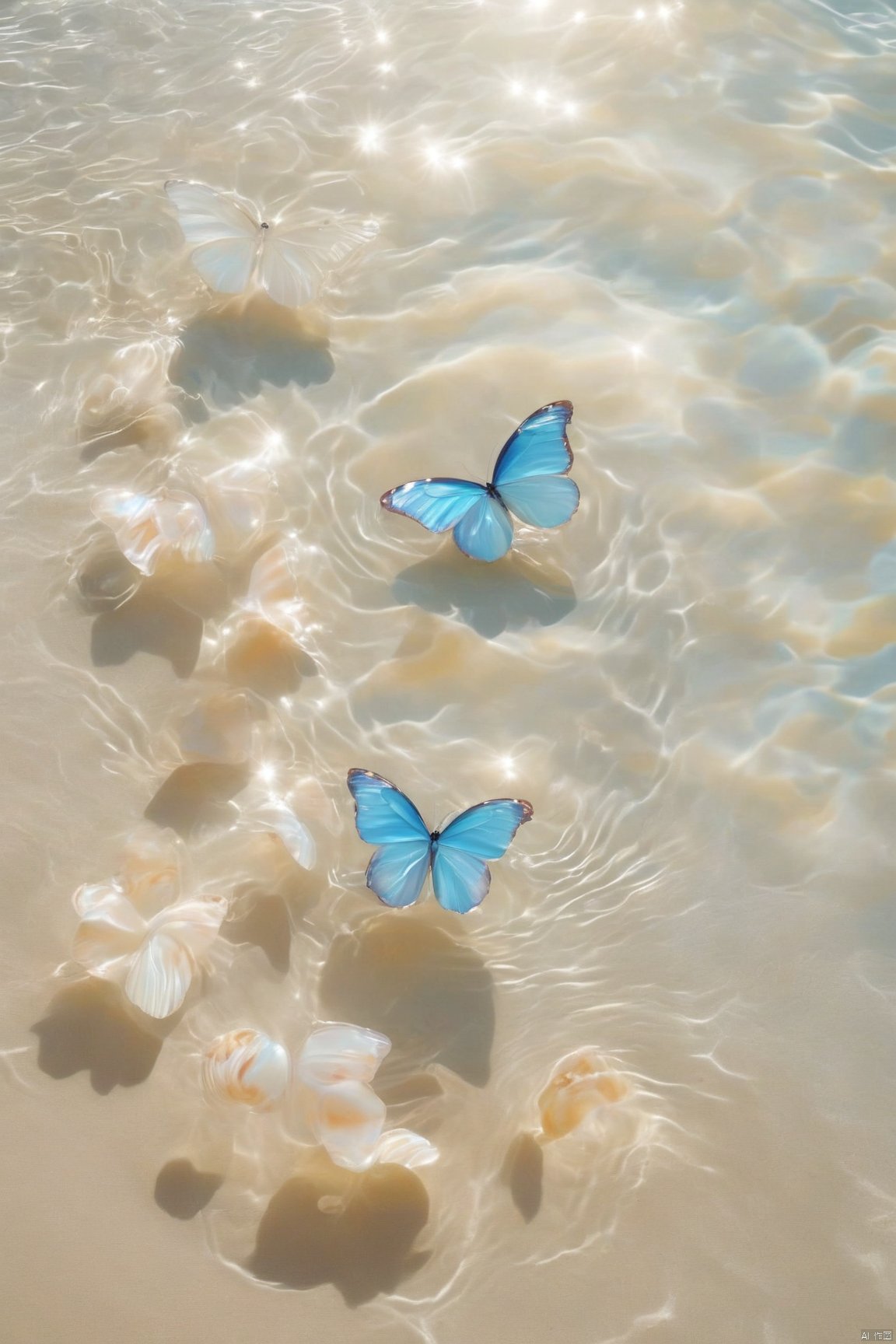  fantasy_butterfly,big coloful butterfly,water,water ripples,beach, Water_butterfly, Healing_Painting, pearl_shell, desert_sky, song_hanfu