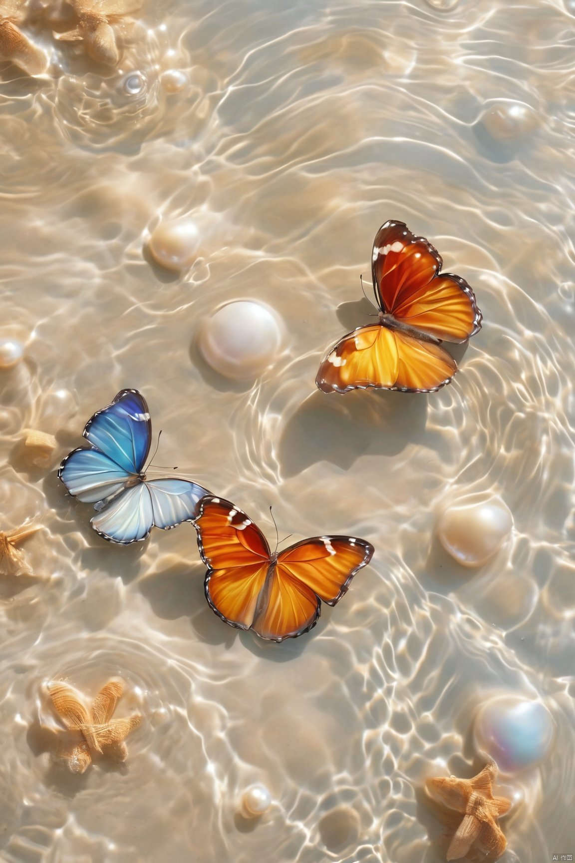  fantasy_butterfly,big coloful butterfly,water,water ripples,beach, Water_butterfly, Healing_Painting, pearl_shell, desert_sky, song_hanfu