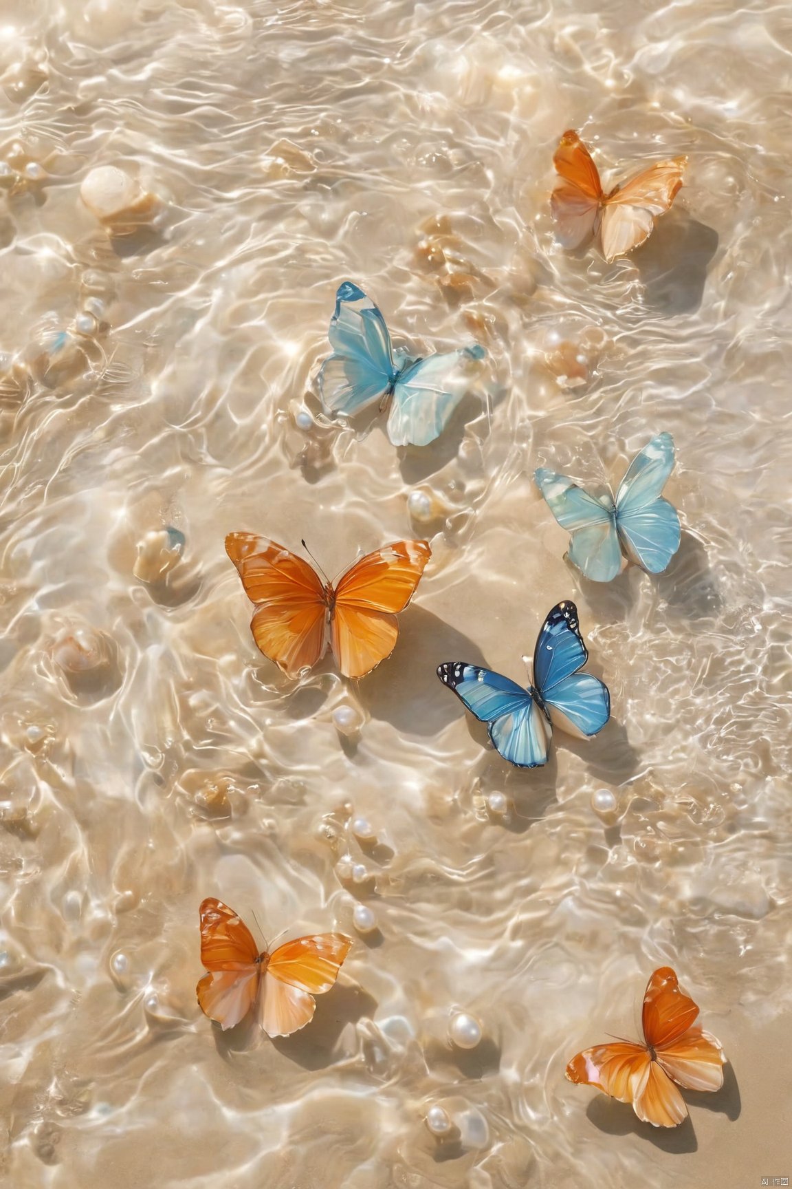  fantasy_butterfly,big coloful butterfly,water,water ripples,beach, Water_butterfly, Healing_Painting, pearl_shell, desert_sky, song_hanfu