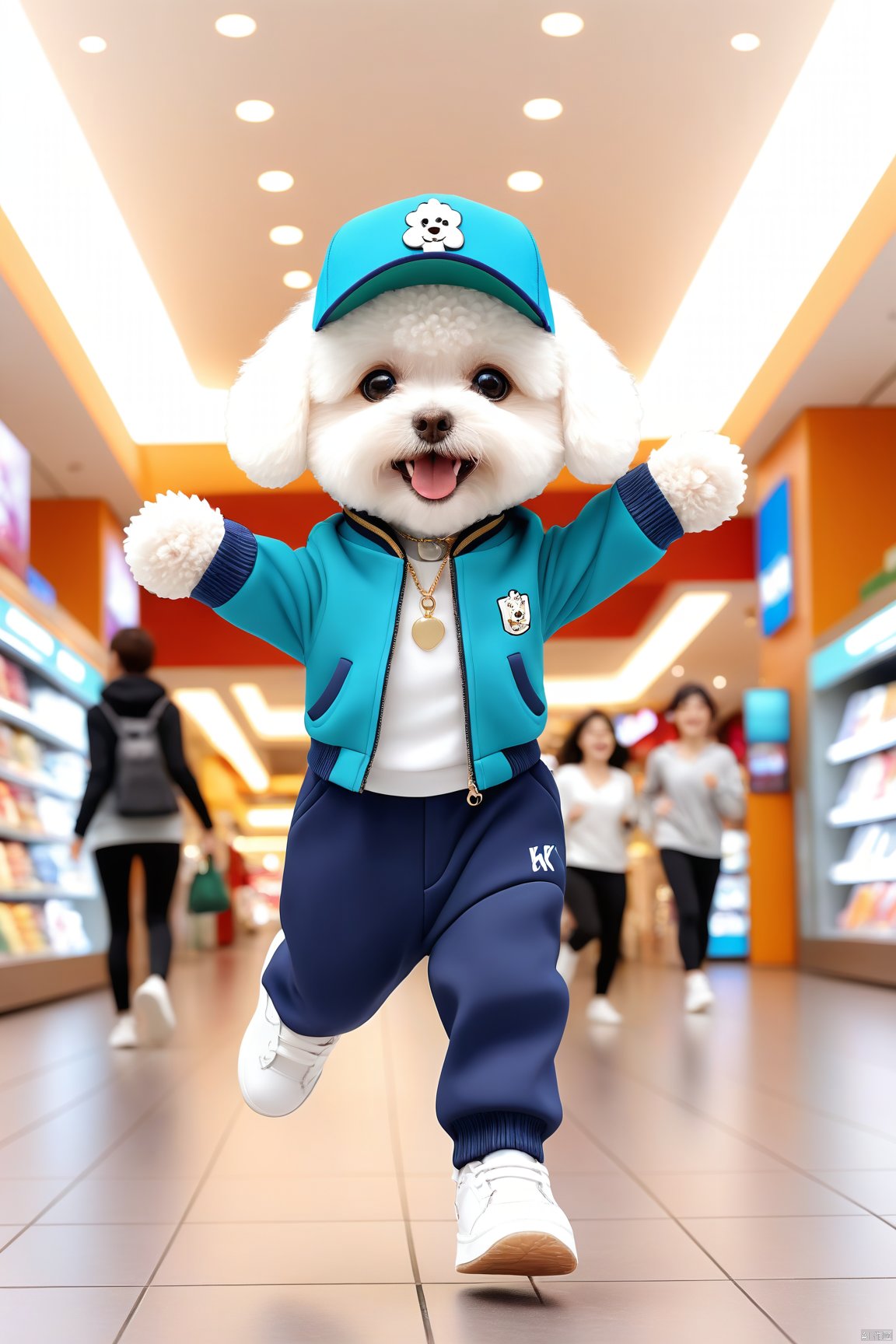  (chibi:1.5), a cute little Bichon Frise (anthropomorphic) wearing stylish clothes ( clothe and hat, athleisure pants,white shoes) runing in a shopping mall, facing the camera and smiling, Happy bouncing,outstretched arms, hyperdetailed intricately detailed, fantastical, intricate detail, complementary colours, fantasy, concept art, 8k resolution, maomika