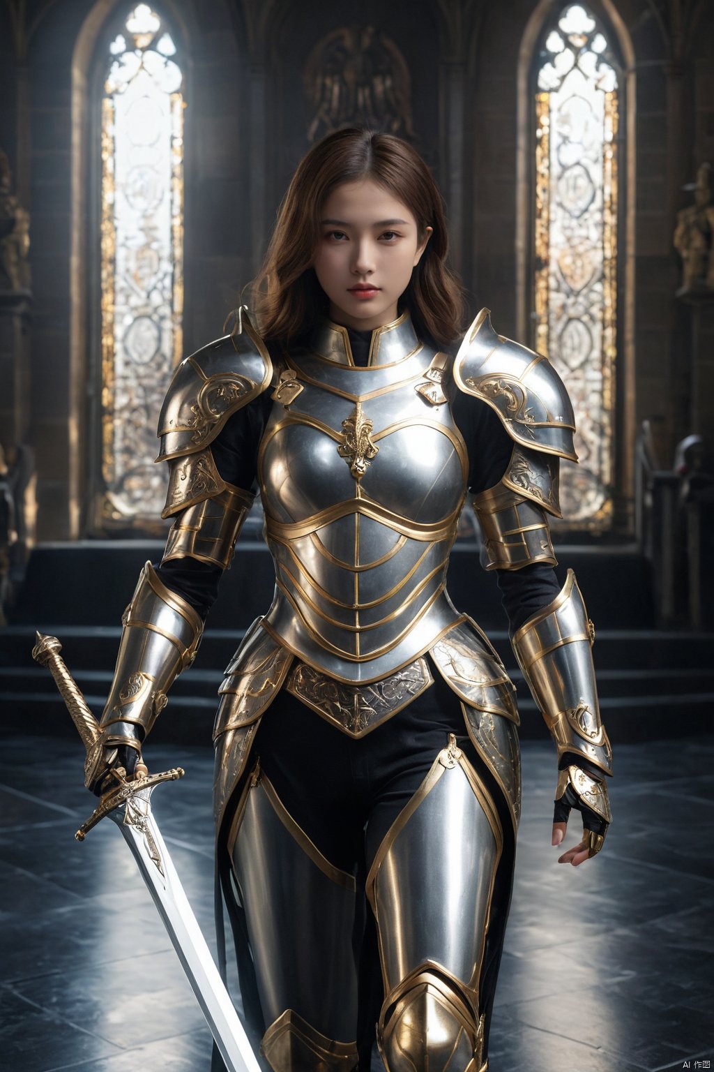  amazing quality, masterpiece, best quality, hyper detailed, ultra detailed, UHD, perfect anatomy, (in castle:1.2), girl knight, holding a sword, dazzling ,transparent ,polishing, (1 arm up), waving sword, gold armor, glowing armor, glowing eyes, full armor, shine armor, dazzling armor, extremely detailed, ral-bling, HUBG_Mecha_Armor,HDR, IMAX, 8K resolutions, ultra resolutions, magnificent, best quality, masterpiece,cinematic scenes, cinematic shots, cinematic lighting, volumetric lighting, ultra-detailed