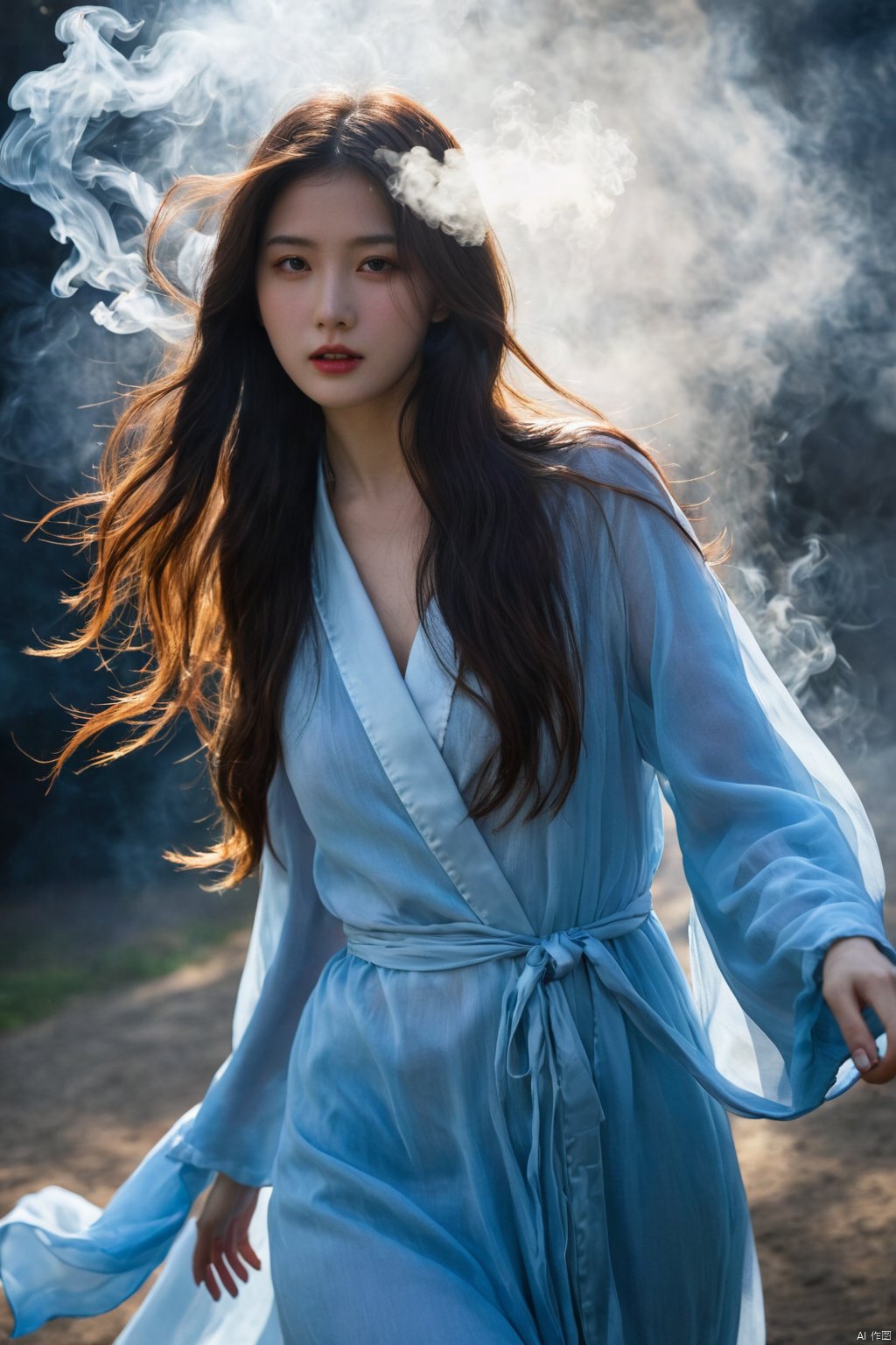 (ultra realistic,best quality),photorealistic,Extremely Realistic, in depth, cinematic light,hubggirl,glowing, robe, (fog,:1.2) (mist:1.2), smoke, girl composed of white light, girl composed of black smoke, fire, sun, hubggirl, large breasts, long hair, solo, (photorealistic:1.4), cowboy shot, cinematic angle, fisheye, motion blur, sexly, shoujo kitou-chuu,blue fire, frie rain, Long hair fluttering in the wind,wave,dynamic poses, particle effects,perfect hands, perfect lighting, vibrant colors, surreal dramatic lighting shadow (lofi, analog),intricate details, high detailed skin,intricate background, realism, realistic, raw, analog, taken by Canon EOS,SIGMA Art Lens 35mm F1.4,ISO 200 Shutter Speed 2000,Vivid picture,