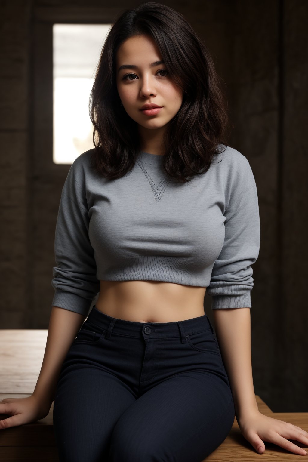 Indifferent curvy woman, 20 years old, sits confidently in front of a dungeon epic backdrop. Her plump cheeks and purple Shag haircut are framed by the studio lighting's hard light, captured with precision using a Sony A7 camera and 50mm lens. Her sweatshirt-clad midriff is exposed, emphasizing her curves. The matte skin tone showcases pores and textures in hyper-detailed, hyper-realistic clarity.