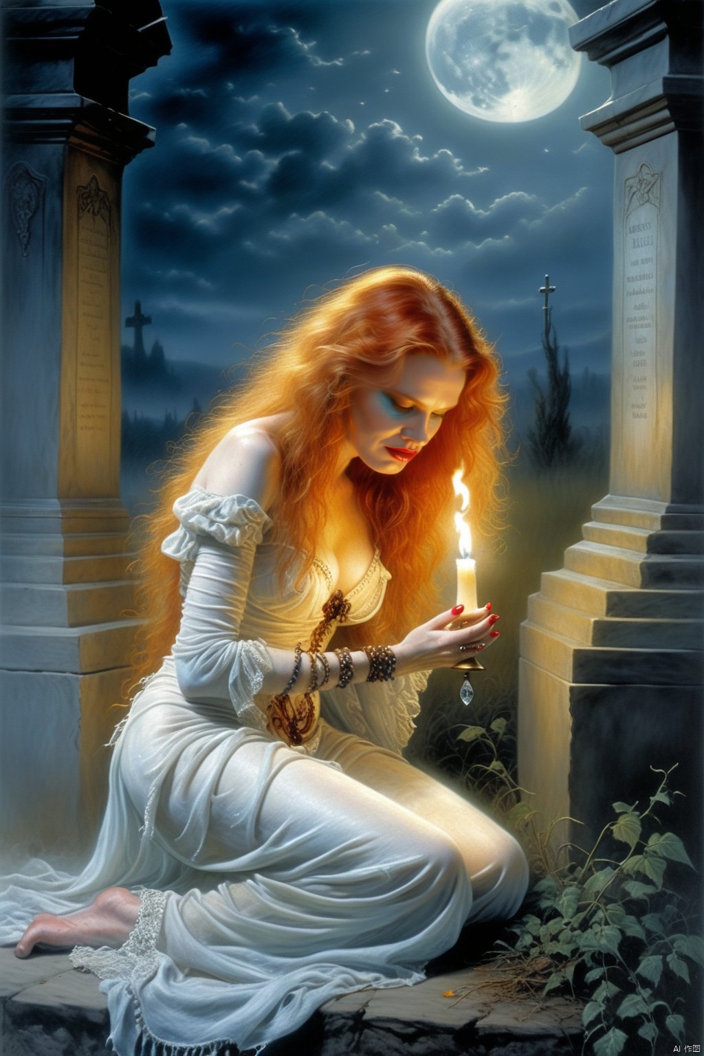 redheaded Corpse crawls out of the candlelit grave at midnight cemetery, art by Boris Vallejo and Luis Royo, a whimsical mystical world, intricate details, masterpiece, very artistic,perfect composition, impressionist very bold brushstrokes, Missionary from back