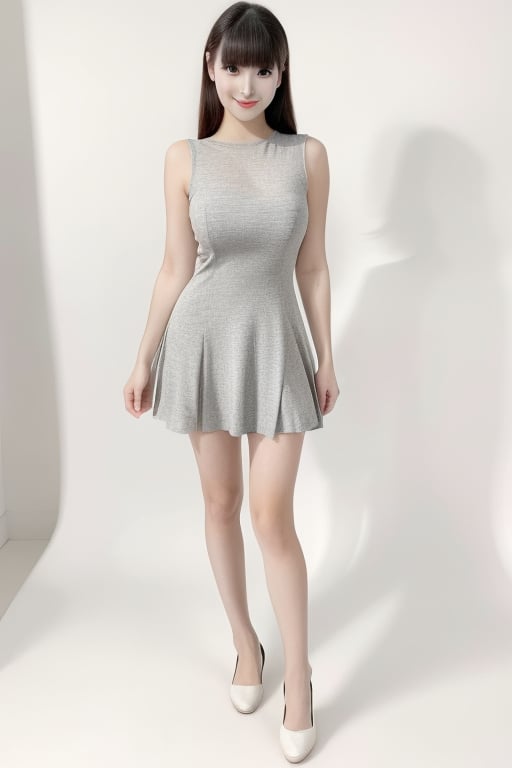 a woman in a short dress posing for a picture, superflat, white background, elegant, full body