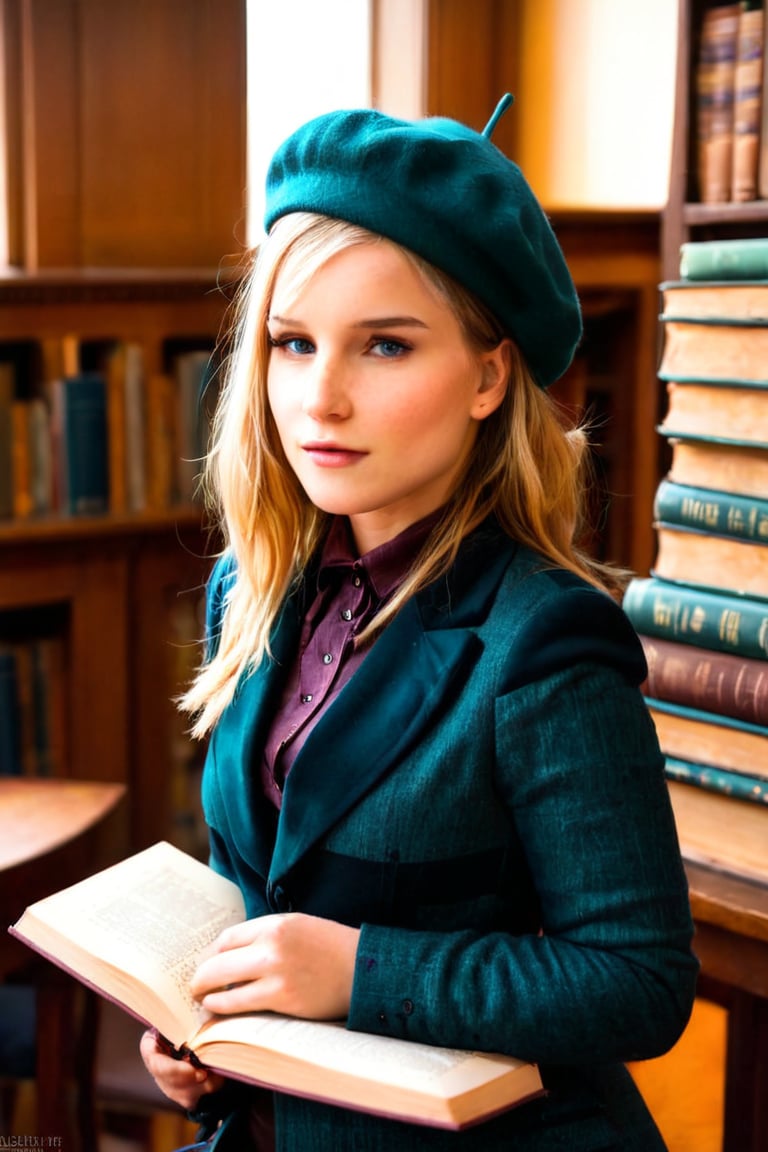 HQ photography, closeup portrait, sharp focus, bokeh background, high contrast, In a serene, cinematic setting, a lovely, young woman, reminiscent of Angeline, sits in an antique university library, looking at the book, Degas-like attention to detail captures every curl and curve of her body. In the background, an antique library full of books and ladders is bathed by the afternoon sun rays, creating a sense of depth and atmosphere. The overall effect is stunning, with cinematic flair, masterpiece, shines brightly on ArtStation, trending for all to admire.,dark academia outfit, brown teal color palette, Rembrandt Lighting Style,darkacademia,photorealistic,tweed blazer, collar shirt, beret,Kodak Motion Picture Film Style, cute face, young face, ,ohwx,marryqueen