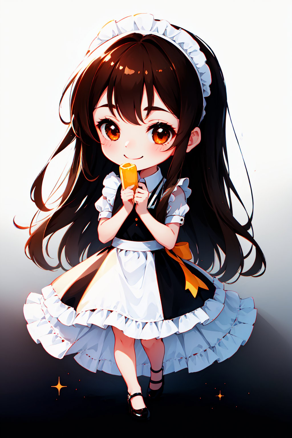 Cute girl, White background, full body image, maid girl, she's very cunning, long hair, straight hair, dark brown hair, tender smile, mastepiece quality. Chibi