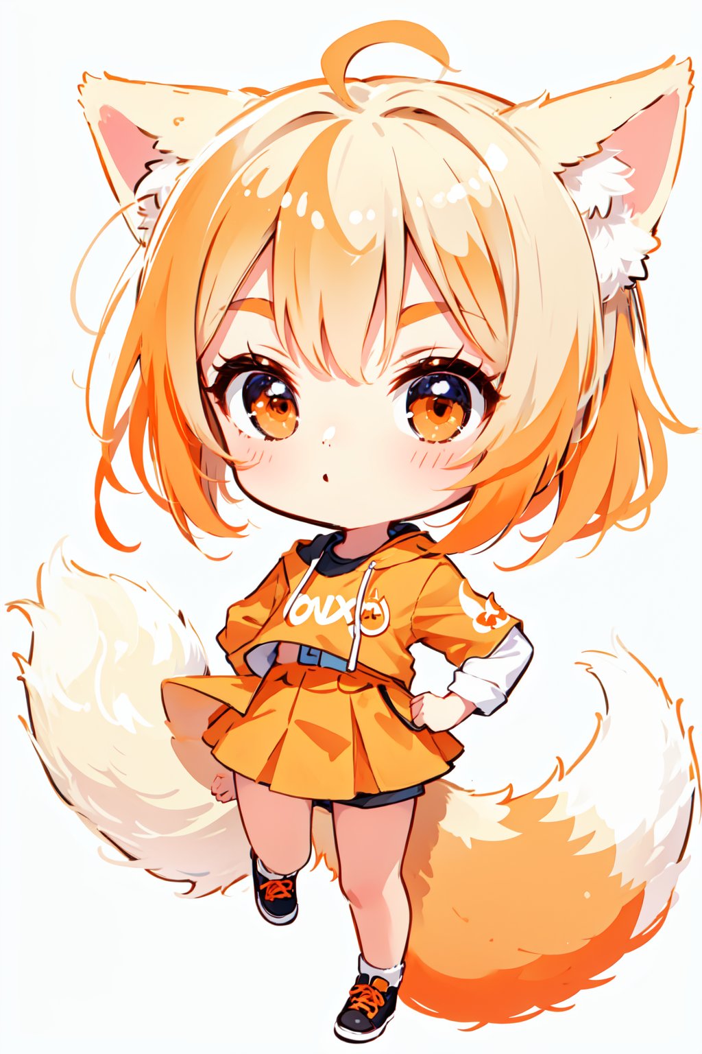 Cute girl, White background, full body image, fox girl, masterpiece quality, stunning image, orange hair, dtailed image, dynamic pose. Chibi