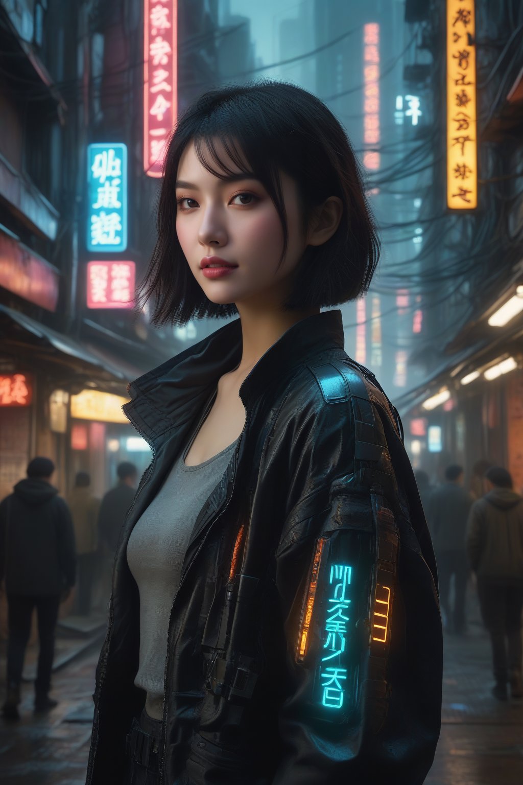 Score_9, Score_8_up, Score_7_up, Score_6_up, Score_5_up, Score_4_up, masterpiece, best quality, ultra-detailed, photorealistic, 
BREAK
FuturEvoLabGirl, FuturEvoLab-Cyberpunk, 
BREAK
1girl, beautiful Asian girl, cyberpunk girl, futuristic, neon lights, (cool:1.2), (techwear:1.4), (cyborg:1.5), (detailed:1.3), (cityscape:1.1), (high-tech:1.3), urban, (dark:0.8), (glowing:1.2), (mysterious:1.2), (vibrant colors:1.4), (high contrast:1.1), street, (dynamic:1.2), (electronic:1.3), edgy, (cybernetic:1.5), (gothic:0.7), Blade Runner, 
photorealism, digital art, cinematic, Gregory Crewdson