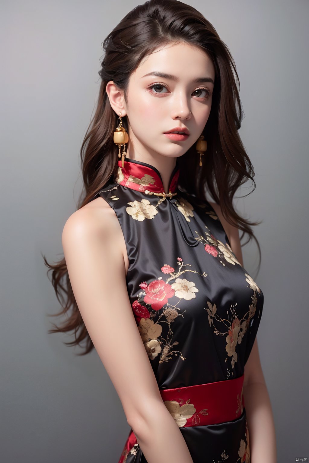 qp, 1girl, solo, long hair, jewelry, earrings, dress, chinese clothes, realistic, brown hair, brown eyes, china dress, simple background, grey background, looking at viewer, lips, sleeveless, upper body, sleeveless dress