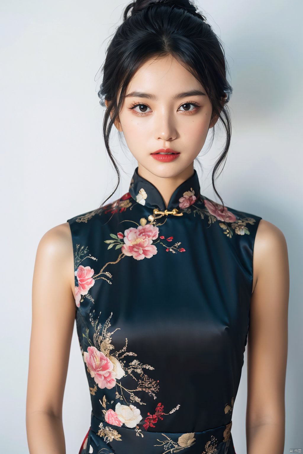 qp, 1girl, solo, chinese clothes, dress, realistic, black hair, china dress, lips, sleeveless, black eyes, makeup, lipstick, looking at viewer