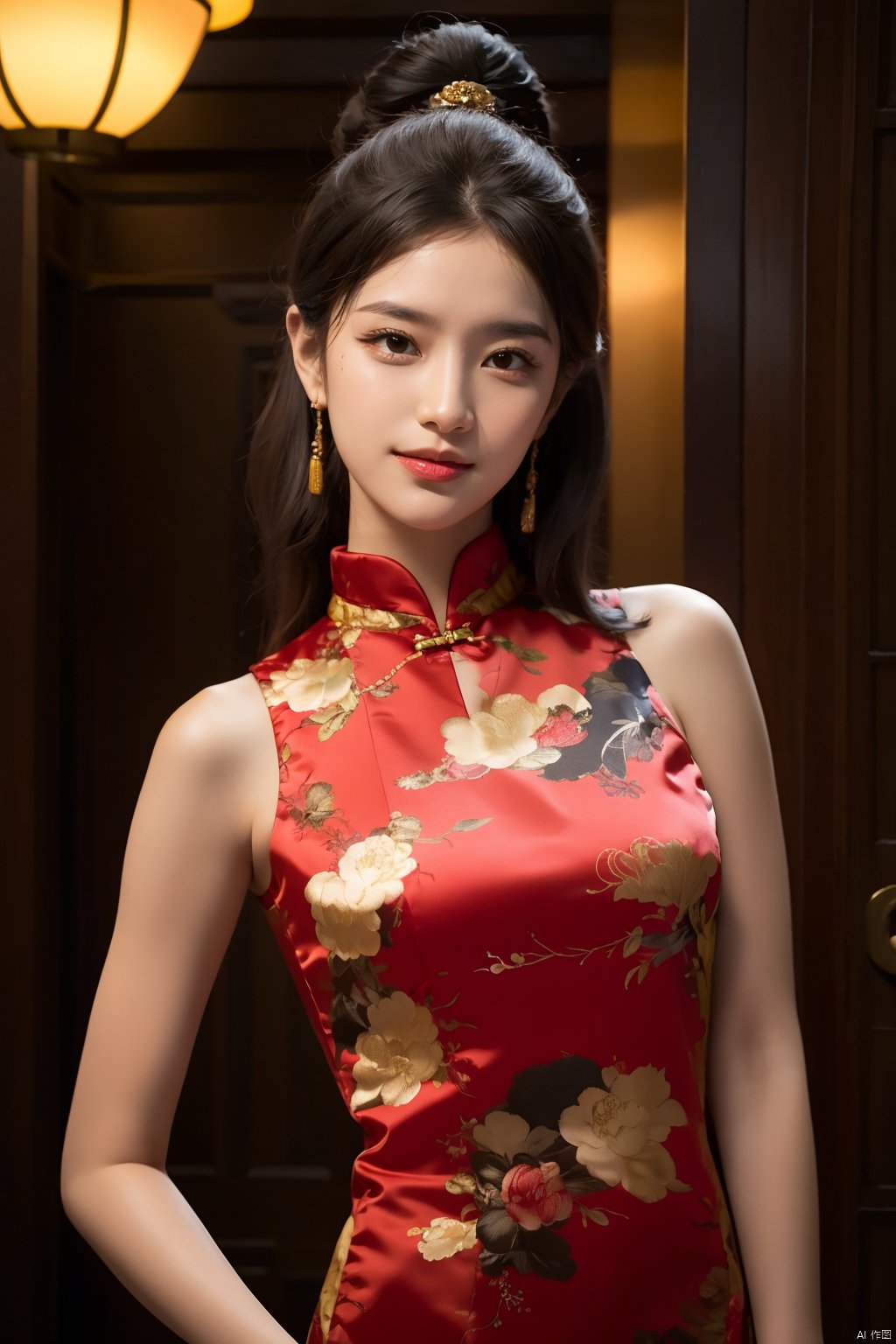 qp, 1girl, solo, dress, realistic, smile, brown eyes, looking at viewer, black hair, red dress, chinese clothes, breasts, china dress, sleeveless