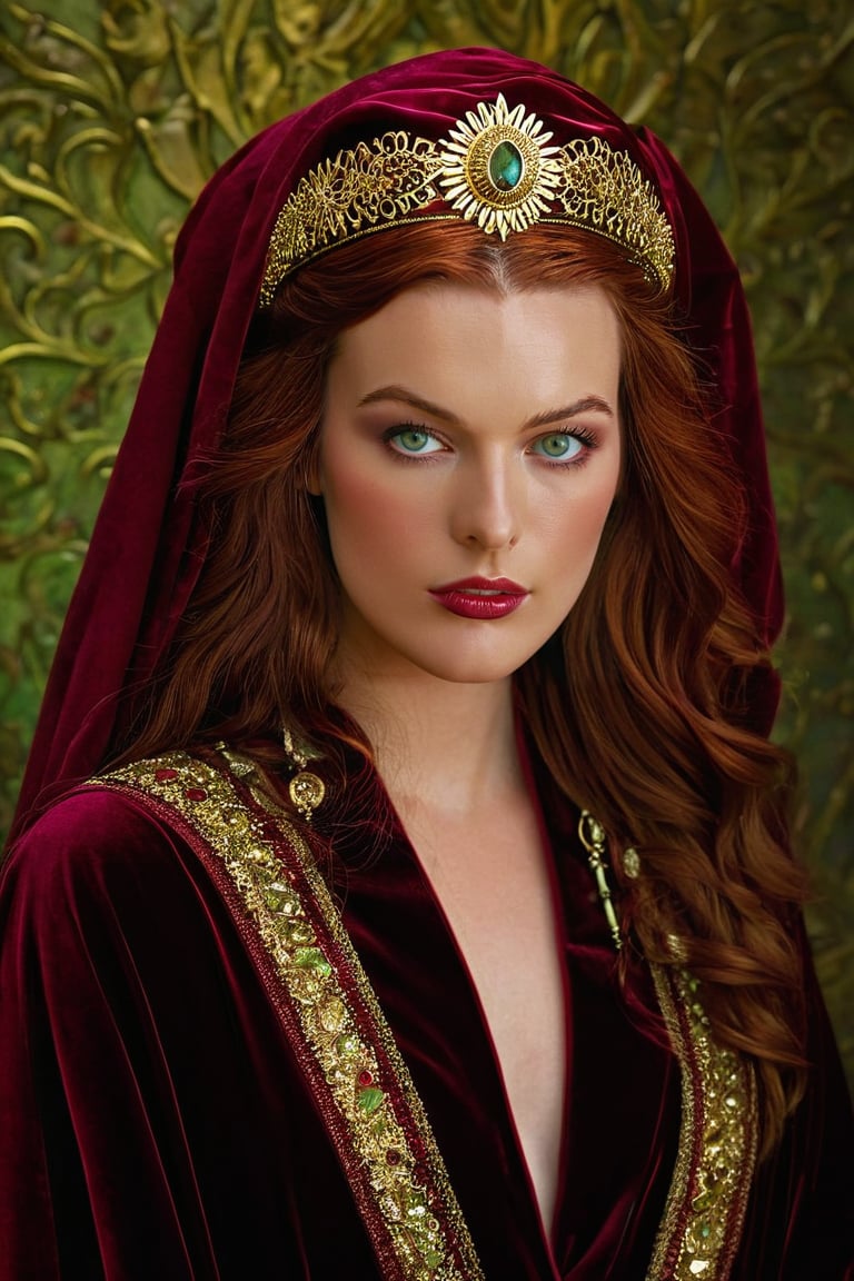 portrait of a ohwx woman with long, wavy auburn hair draped over her shoulders. She has a fair complexion with striking green eyes and full lips painted a deep burgundy. Her expression is serene, with a touch of melancholy. She is dressed in a luxurious velvet robe in a rich burgundy shade that complements her hair. Adorning her head is an ornate halo-like headpiece, radiating spikes embellished with intricate filigree patterns and embedded with an array of gemstones that catch the light. The background should be a textured, old gold leaf wall that adds an antique charm to the composition, making the subject appear as if she is a part of a Renaissance painting, (raw,score_8_up),photo, raw,realistic
