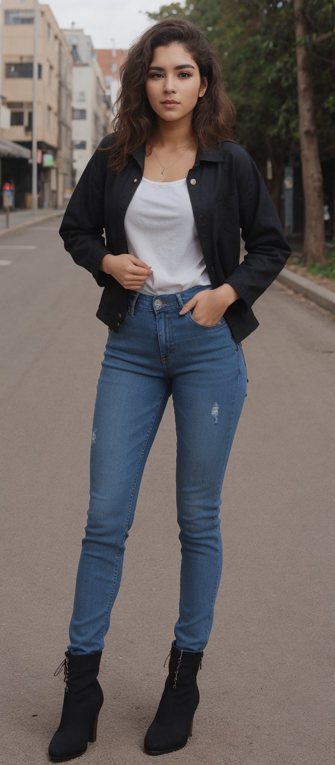 Generate hyper realistic image of a woman with long, brown hair, wearing a shirt with a jacket, standing confidently with a focus on her solo presence. She's wearing pants and black footwear, possibly high heel boots, with crossed arms exuding a sense of strength. The background is a photo setting, with elements of denim and leather.photorealistic