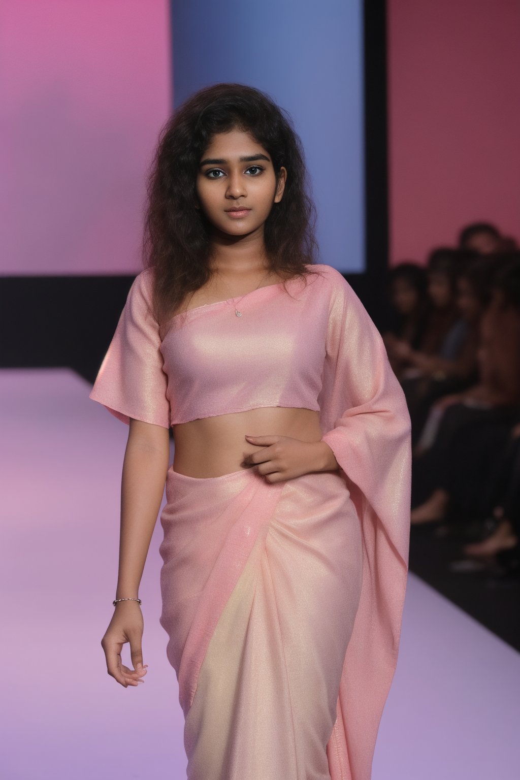 A striking image: Saree, a stunning 20-year-old Tamil girl, confidently struts down the catwalk in her custom-made holographic neon fashionwear, bathed in soft focus and matte lighting with a subtle soft-glow effect. Her gaze meets the audience's, exuding professionalism as the classic light fringe framing her face creates a sense of sophistication. The blurred bokeh effect in the background adds depth, while the SFM-rendered attire accentuates her svelte figure.