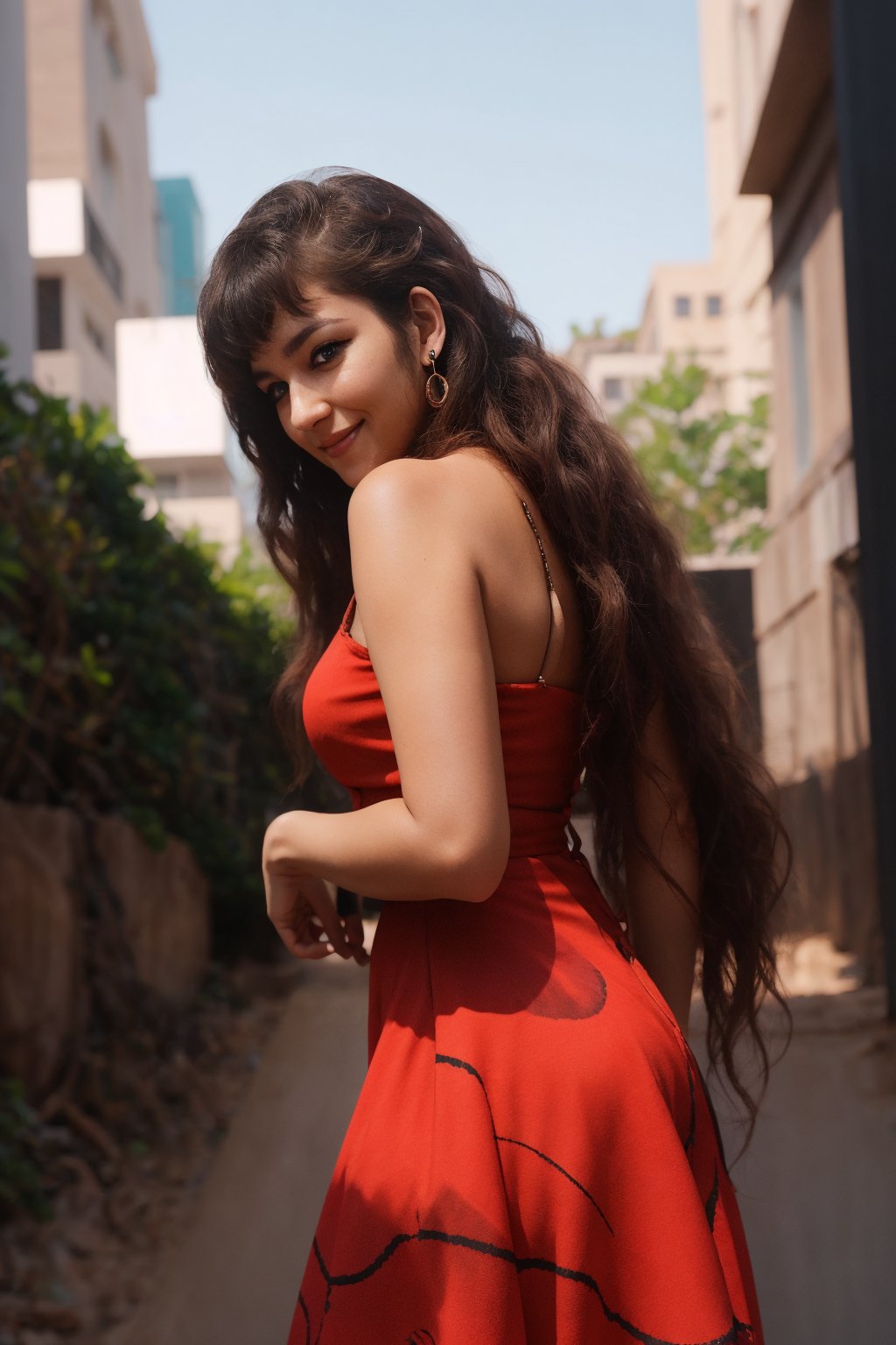 Generate hyper realistic image of a woman standing outdoors at night, her very long hair cascading down her back in a braid. She wears a red dress and red high heels, with a feather boa draped around her shoulders. Her blue eyes sparkle as she looks directly at the viewer, smiling softly with closed lips. Large earrings frame her face, and bangs gently sweep across her forehead. The focus is solely on her, with the background slightly blurred...,,photorealistic,CyberpunkWorld