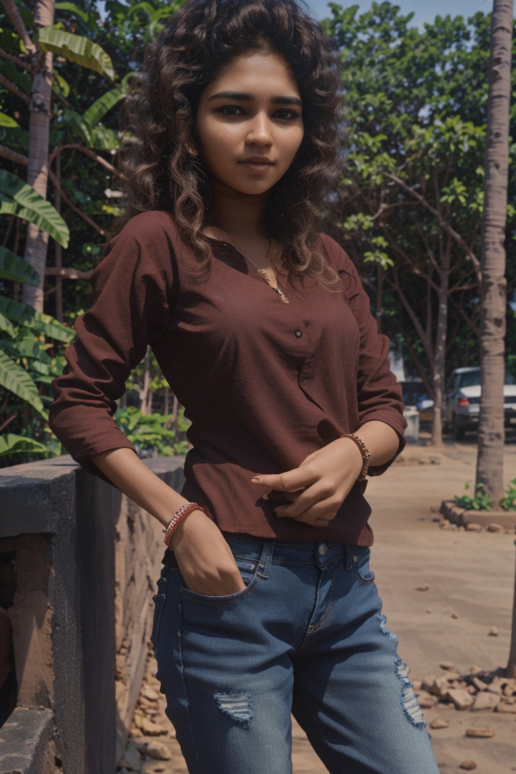 Prompt: 1girl, solo, brown hair, shirt, jewelry, striped, pants, bracelet, denim, watch, jeans, striped shirt, realistic, wristwatch, reference inset, photo inset

,Mallu