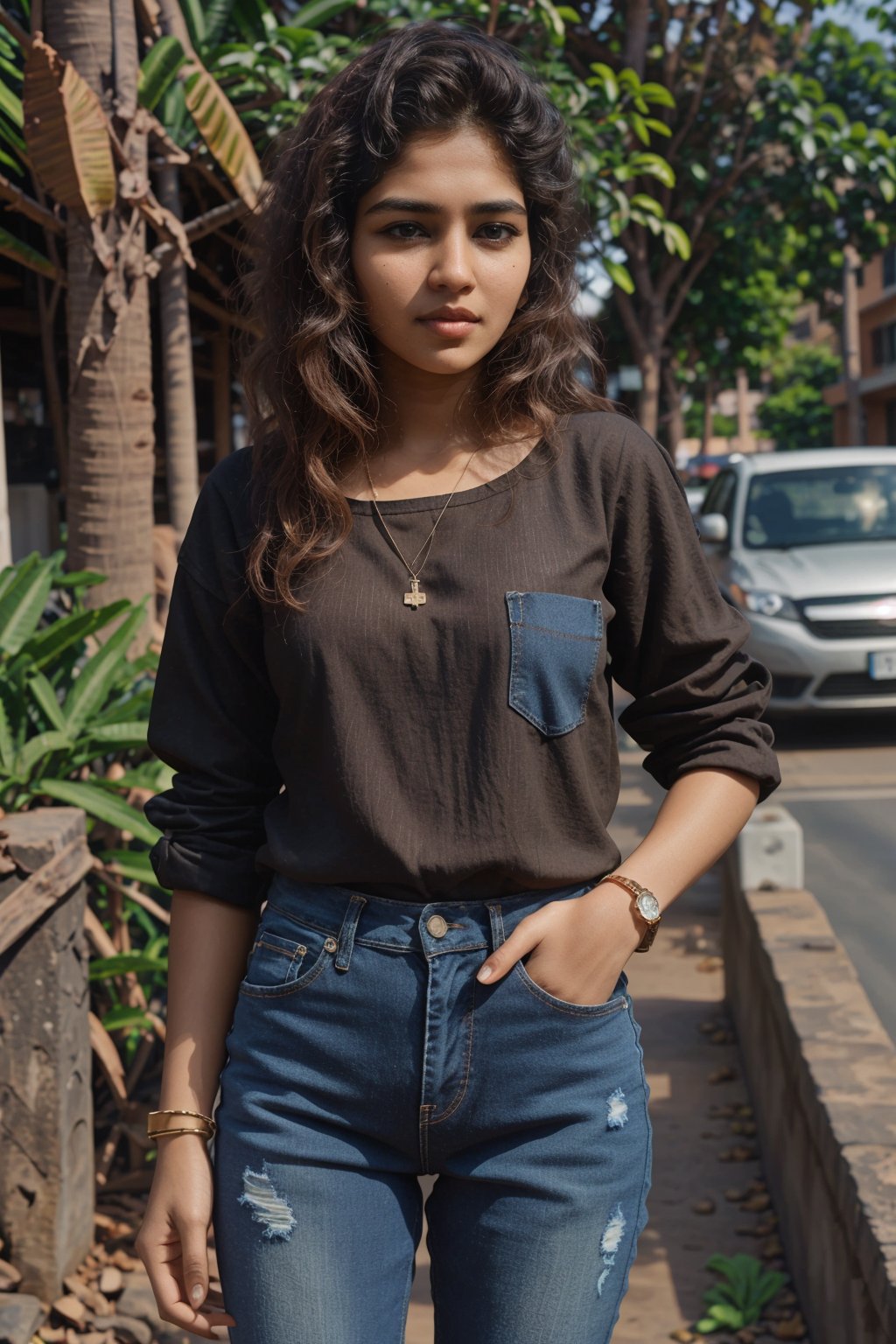 Prompt: 1girl, solo, brown hair, shirt, jewelry, striped, pants, bracelet, denim, watch, jeans, striped shirt, realistic, wristwatch, reference inset, photo inset

,Mallu