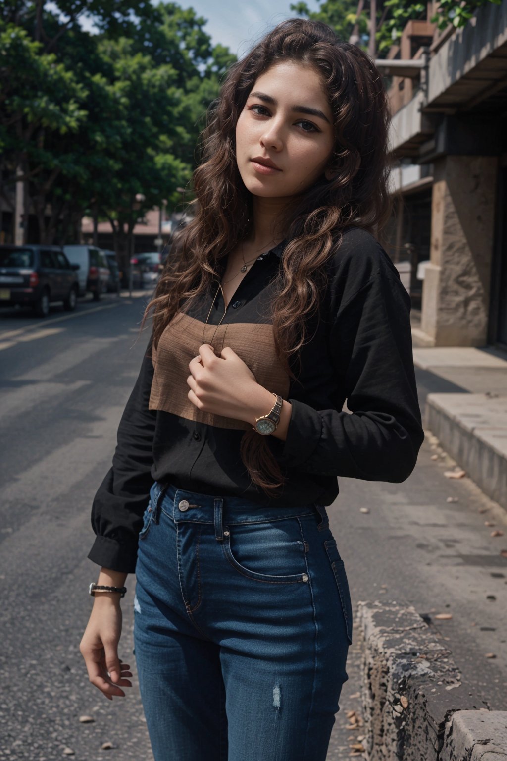 Prompt: 1girl, solo, brown hair, shirt, jewelry, striped, pants, bracelet, denim, watch, jeans, striped shirt, realistic, wristwatch, reference inset, photo inset , This breathtaking photograph, shot on a Canon 1DX with a 50 mm f/2.8 lens, beautifully showcases the raw and authentic beauty of life. high resolution 8k image quality,