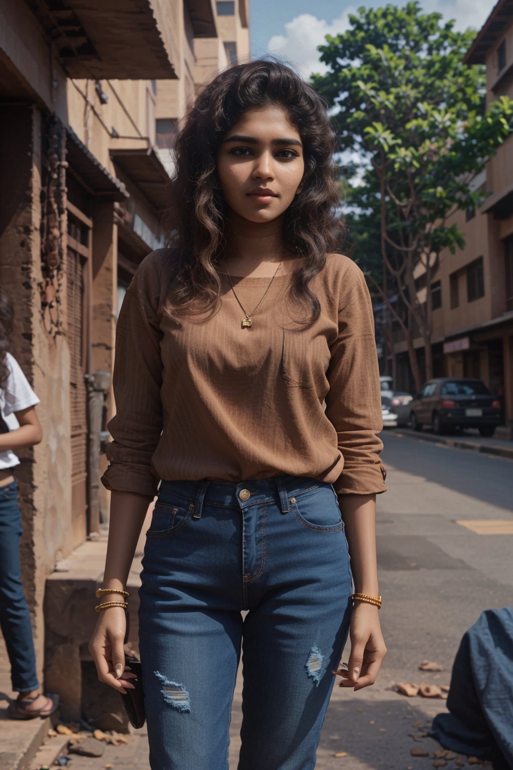 Prompt: 1girl, solo, brown hair, shirt, jewelry, striped, pants, bracelet, denim, watch, jeans, striped shirt, realistic, wristwatch, reference inset, photo inset

,Mallu