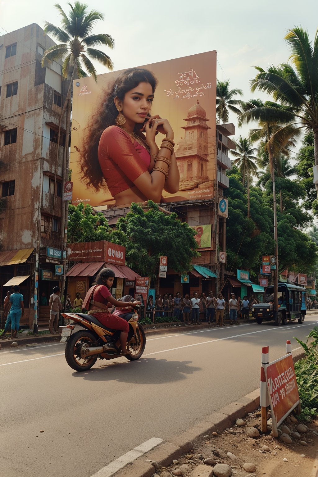 Advertisement flex board on roadside, a girl with somany gold ornaments jewellery and silk saree, solo, create a text on the flex board "pattaperukki" in big font, realistic City crowded people, so many vehicles are passing through the road, ,Kerala girl ,Mallu