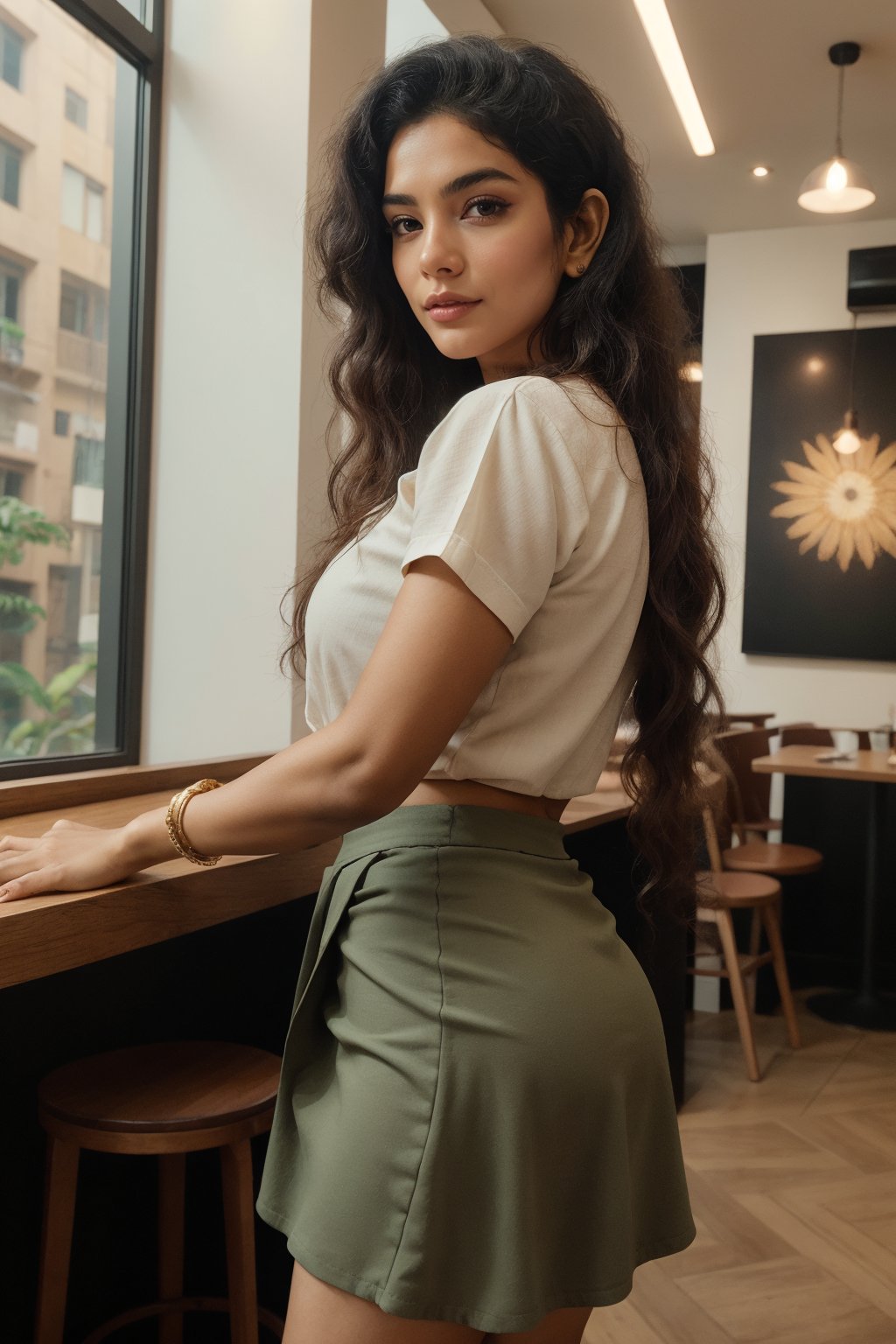 raw photo,  photorealistic,  intricate,  photo of beautiful 40 year old kerala mallu business woman, wearing green short midi skirt and shirt, talking in business meeting, thick waist,  long brown hair,  very_long_hair, formal dress, at italian coffee shop, chubby, chubby,  front-view,  gray eyes,  long wavy hair,  skin texture, holding luxury wallet, pores, morning light from window,   cinematic LUT,  medium shot,  waist and torso shot,  golden pin light to face,  warm point light to head and face, vibrant feminine  vintage Color Palette, more saturation , REALISTIC