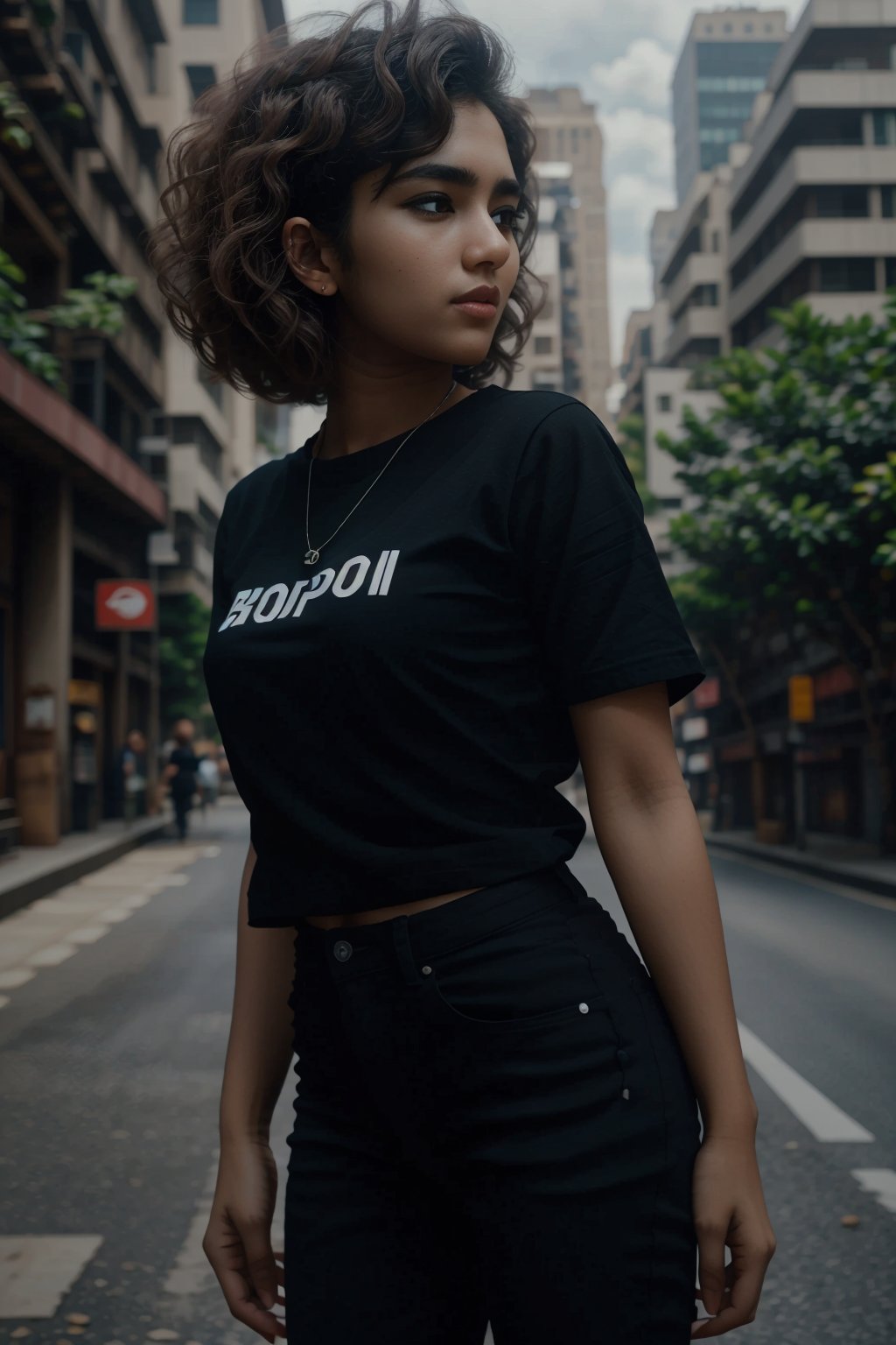 Girl, solo, Choppy lob short hair,city background, jeans , seducing, , short sleeves, black shirt, t-shirt, realistic, best quality, hires, intricate details, reflections, photographed on a Canon EOS R5, 50mm lens, F/2.8, HDR, 8k resolution, ray-tracing,z1l4,realistic