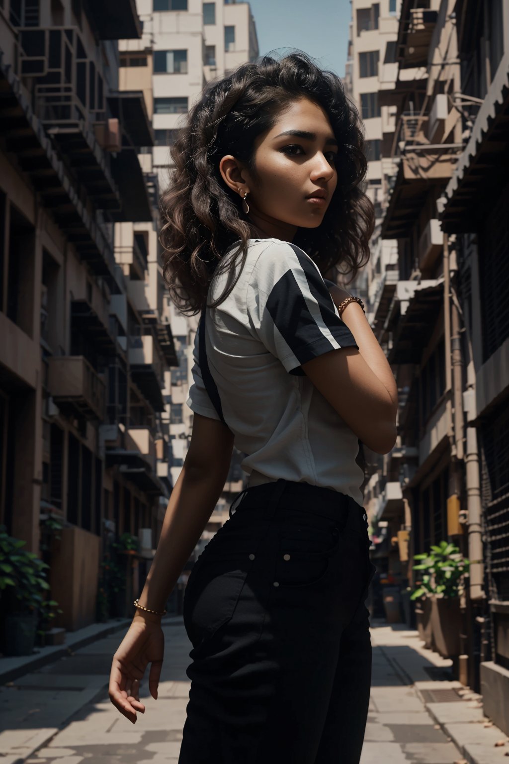 shirt, black hair, jewelry, short sleeves, cowboy shot, earrings, outdoors, day, striped, pants, bracelet, profile, denim, jeans, striped shirt, realistic, photo background

Girl, solo, Classic light fringe, Choppy lob  hair,city background, jeans , seducing, , short sleeves, black shirt, t-shirt, realistic, best quality, hires, intricate details, reflections, photographed on a Canon EOS R5, 50mm lens, F/2.8, HDR, 8k resolution, ray-tracing,z1l4,realistic