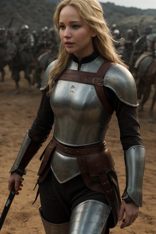 Full body RAW photo of Jennifer Lawrence, realistic face, realistic eyes, her realistic blonde hairs, realistic skin texture,  on a battlefield, wearing medieval warrior armor, with a sword in her hands, fighting against an army of enemies. Cinematic style. 