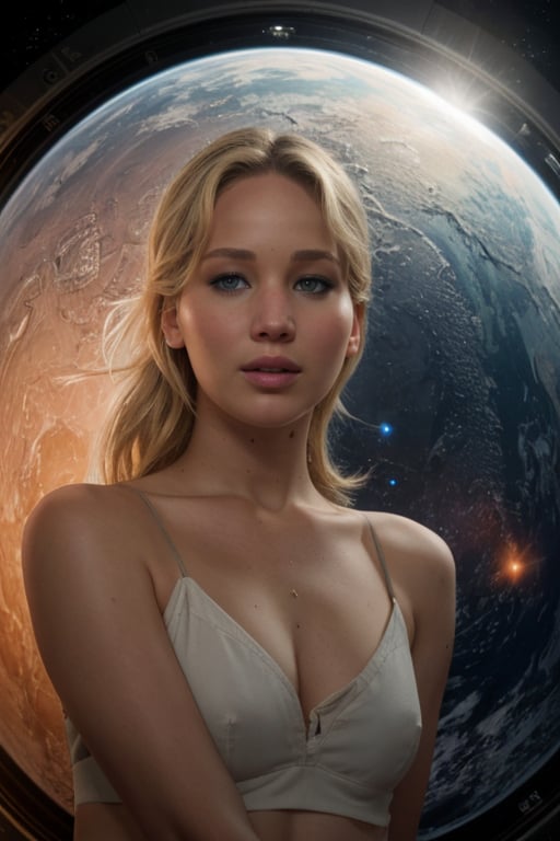 Full body RAW photo of Jennifer Lawrence, realistic face, realistic eyes, her realistic blonde hairs, realistic skin texture,  in a science fiction setting, with an astronaut's look, exploring outer space. Cinematic style. 