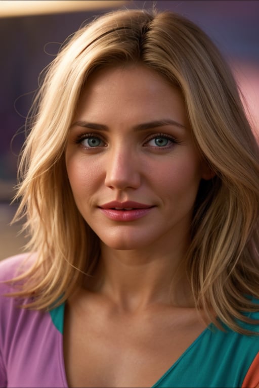 hyperrealistic image of Cameron Diaz in a dream, focusing on her face and expressions. The lighting is surreal and colorful, creating a dreamy and intense atmosphere. The image has a cinematic quality, with realistic details and vibrant colors, capturing the essence of the dream in an artistic way.