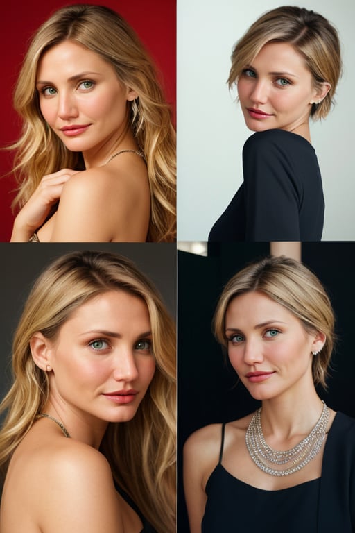 hyperrealistic series of photos of Cameron Diaz in a fashion photo shoot, with different looks and poses. She is wearing modern and stylish clothes, with impeccable makeup and hairstyle. The photos have impeccable quality, with vibrant colors, realistic textures, and professional lighting, capturing Cameron's beauty and style.