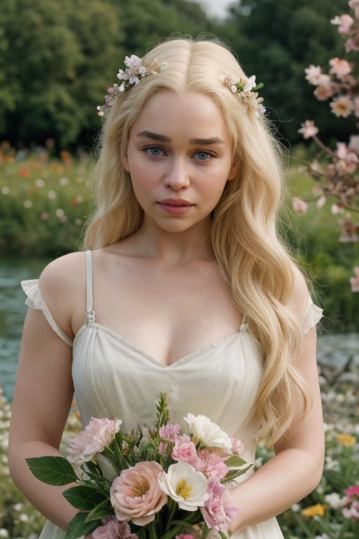 hyperrealistic photo of Emilia Clarke, realistic blonde hairs, in a romantic and intense scene in a garden with flowers and a lake. The image should have a cinematic style, with focus on her romantic expression and the details of the garden. The image should have high resolution and pastel and vibrant colors.