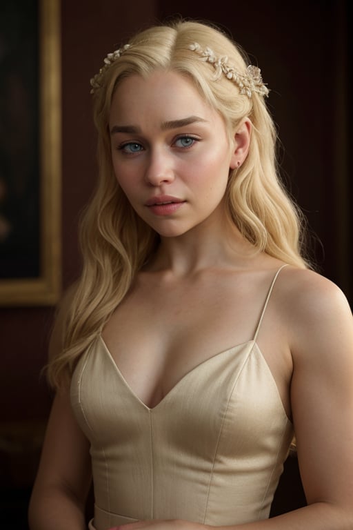 hyperrealistic classic portrait of Emilia Clarke, realistic blonde hairs, focusing on her beauty, expression and posture, classic and elegant style, soft lighting, sharp details, like a Renaissance master oil painting.