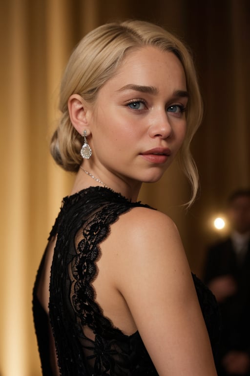 hyperrealistic photo of Emilia Clarke, realistic blonde hairs, at a gala event, wearing a long black dress, with lace and glitter details, a diamond necklace and earrings, glamorous and sophisticated style, dramatic lighting, intense colors, high resolution, like a scene from a Hollywood movie.