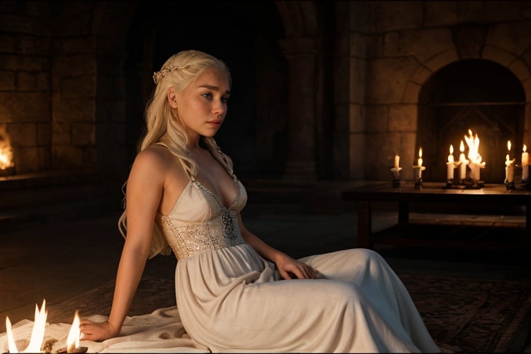 hyperrealistic photo of Emilia Clarke, realistic blonde hairs, as Daenerys Targaryen, in an iconic scene from "Game of Thrones", wearing a long white silk dress, with lace details, sitting on an iron throne in the middle of a large room with stone walls and burning torches. The image should have an epic and dramatic style, focusing on Daenerys's expression of power. The image should have high resolution, warm colors, and dramatic shading.