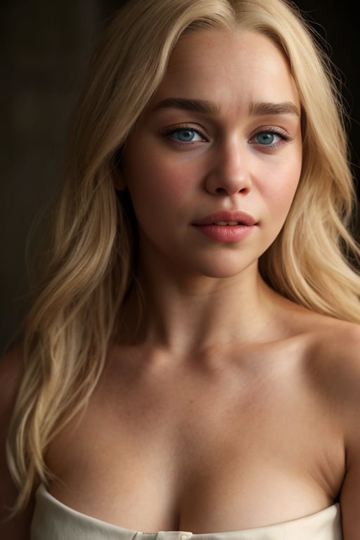 hyperrealistic photo of Emilia Clarke, realistic blonde hairs, focusing on face and chest, showing skin, makeup and hair details, with soft lighting enhancing her natural beauty, professional photo style, high resolution, vibrant colors, like a Hollywood studio photo.