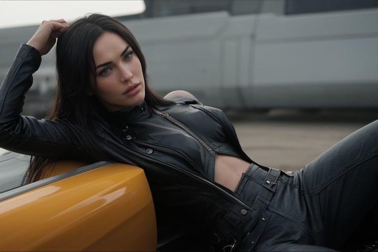 hyperrealistic image of Megan Fox in an iconic scene from the movie "Transformers", with a modern and powerful look, wearing a leather and jeans outfit, with the characteristic look of the movie. The image should have a cinematic and futuristic style, with focus on the actress, her look, and the atmosphere of the movie.