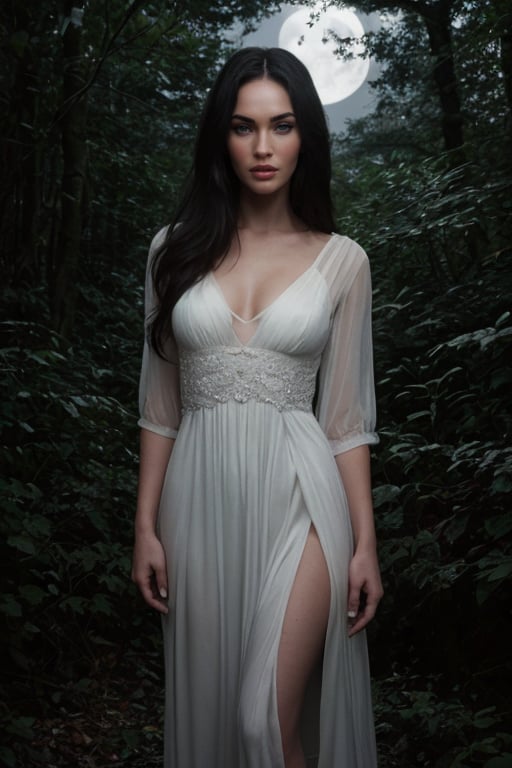 hyperrealistic photo of Megan Fox in a dark forest, illuminated only by the reflection of the moon. She is wearing a long, white, transparent dress, with her hair loose and falling in cascades. The moonlight creates intriguing shadows on her face and body, highlighting her beauty and mystery. The image should have a mystical and cinematic style, with focus on the actress, the dark environment, and the moonlight. 