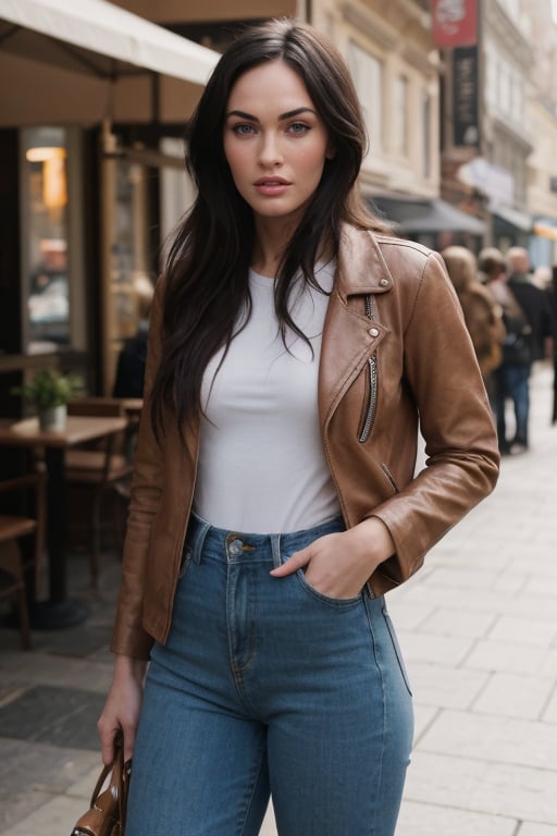 hyperrealistic photo of Megan Fox on a casual day, wearing dark wash skinny jeans, a white cotton t-shirt with a subtle detail, and a brown leather jacket. She is in a charming cafe, with a steaming cappuccino in her hands, smiling slightly as she observes the busy street. The image should have a cinematic style, with focus on the actress and her casual and elegant look. 