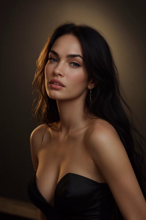 hyperrealistic classic portrait of Megan Fox, with dramatic lighting highlighting her features and beauty. She is wearing a simple black dress, with an intense and mysterious gaze. The image should have a Renaissance painting style, with rich colors and precise details. 