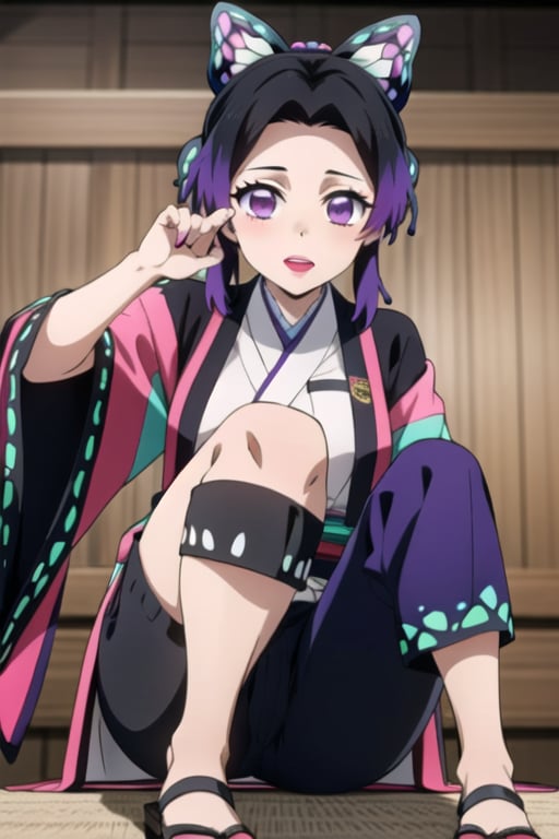  Short girl, with light skin and red lipstick, short black hair with purple gradient extensions at the ends, which is wavy and has fringes separated at head height, straight lined purple dyed black jacket with black hakama pants tucked into a butterfly pattern kyahan fabric around her legs and purple zori sandals. She also wears a gray haori with a butterfly wing pattern, which fades into a turquoise and pink color on the sleeves.