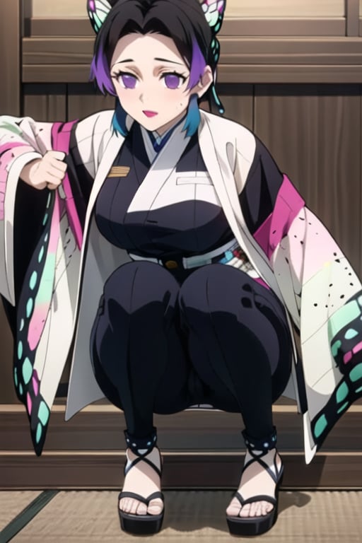  Short girl, with light skin and red lipstick, short black hair with purple gradient extensions at the ends, which is wavy and has fringes separated at head height, straight lined purple dyed black jacket with black hakama pants tucked into a butterfly pattern kyahan fabric around her legs and purple zori sandals. She also wears a gray haori with a butterfly wing pattern, which fades into a turquoise and pink color on the sleeves.