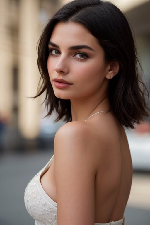 hyperrealistic photo of Emily Ratajkowski, from the waist up, with focus on her face, flawless makeup, and intense expression. The lighting is soft and dramatic, highlighting her features and creating delicate shadows. The focus is on the actress's beauty and expression, as if it were a high-quality photograph for a fashion magazine.