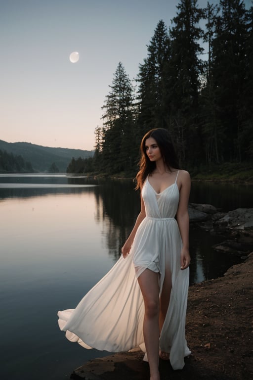 A photo of Emily Ratajkowski in a mysterious setting, with dramatic lighting created by the reflection of the moon on a lake. She is dressed in a long, flowing white dress, with her hair loose, with a touch of mystery and ethereal beauty. The image captures the essence of a fantasy movie scene with intriguing and surreal lighting.