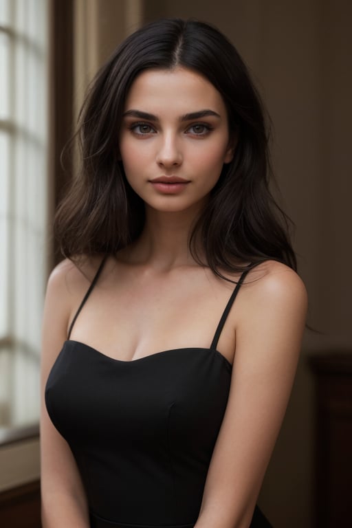 A classic portrait of Emily Ratajkowski, with focus on her natural beauty. The image is rich in detail, with soft and dramatic lighting that highlights her features and creates delicate shadows. She wears an elegant black dress, with a penetrating gaze and a confident posture. The image conveys the timeless beauty of a classic portrait, as if it were a work of art.