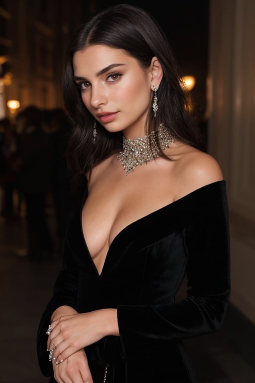 A hyperrealistic photo of Emily Ratajkowski at a nighttime gala, wearing a long black velvet dress with a deep neckline, adorned with sparkling gemstones. She is in a luxurious setting, with elegant lighting and a red carpet. Her eyes sparkle with the light of the cameras, and she displays a confident and charming pose.