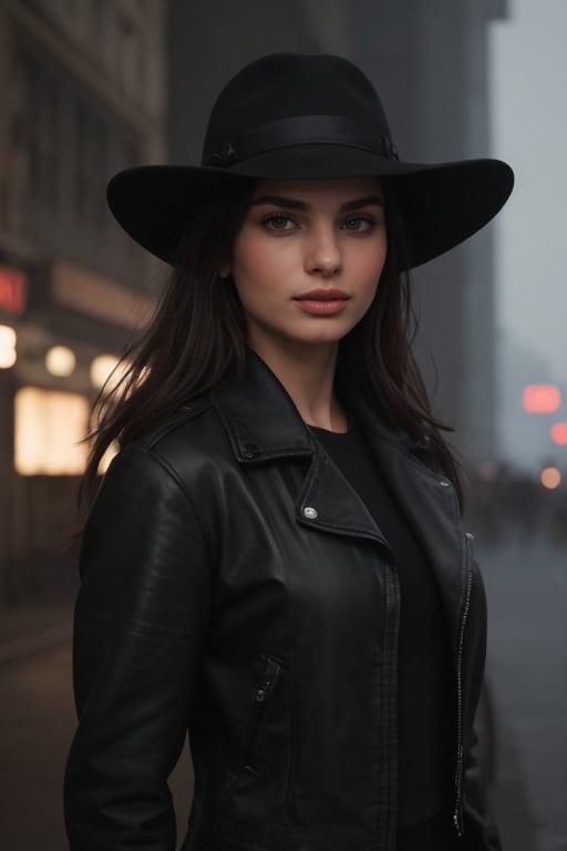 A hyperrealistic photo of Emily Ratajkowski in a dark and mysterious setting. She is dressed in a black leather jacket and a fedora hat, with an enigmatic look and a mysterious smile. The background is a dark and humid street, with fog and dim lights. The image conveys suspense and intrigue, as if it were in a mystery movie.