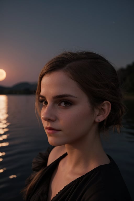 hyperrealistic photo of Emma Watson in an environment with dramatic lighting, reflecting from the moon on a lake. She has a calm and mysterious expression, with discreet makeup, with pink lips and eyes lined with black eyeliner. The image is cinematic, with focus on the moonlight and Emma Watson's beauty.